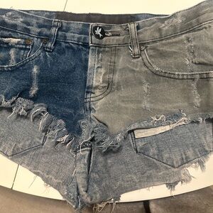 One Teaspoon Blue and Gray Distressed Jean Shorts